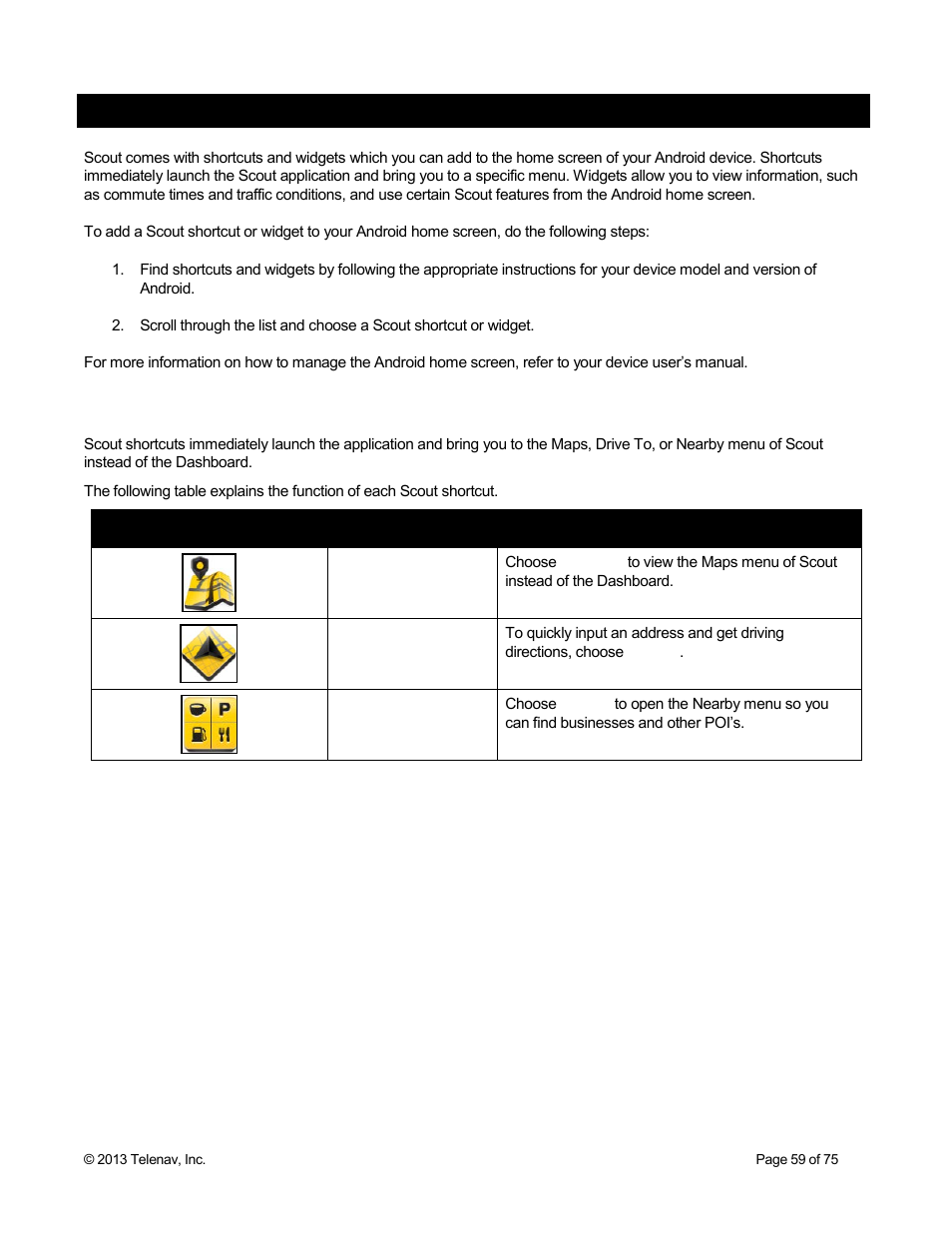 Shortcuts and widgets, 1 shortcuts | Telenav Scout v1.4 for Android User Manual | Page 59 / 75