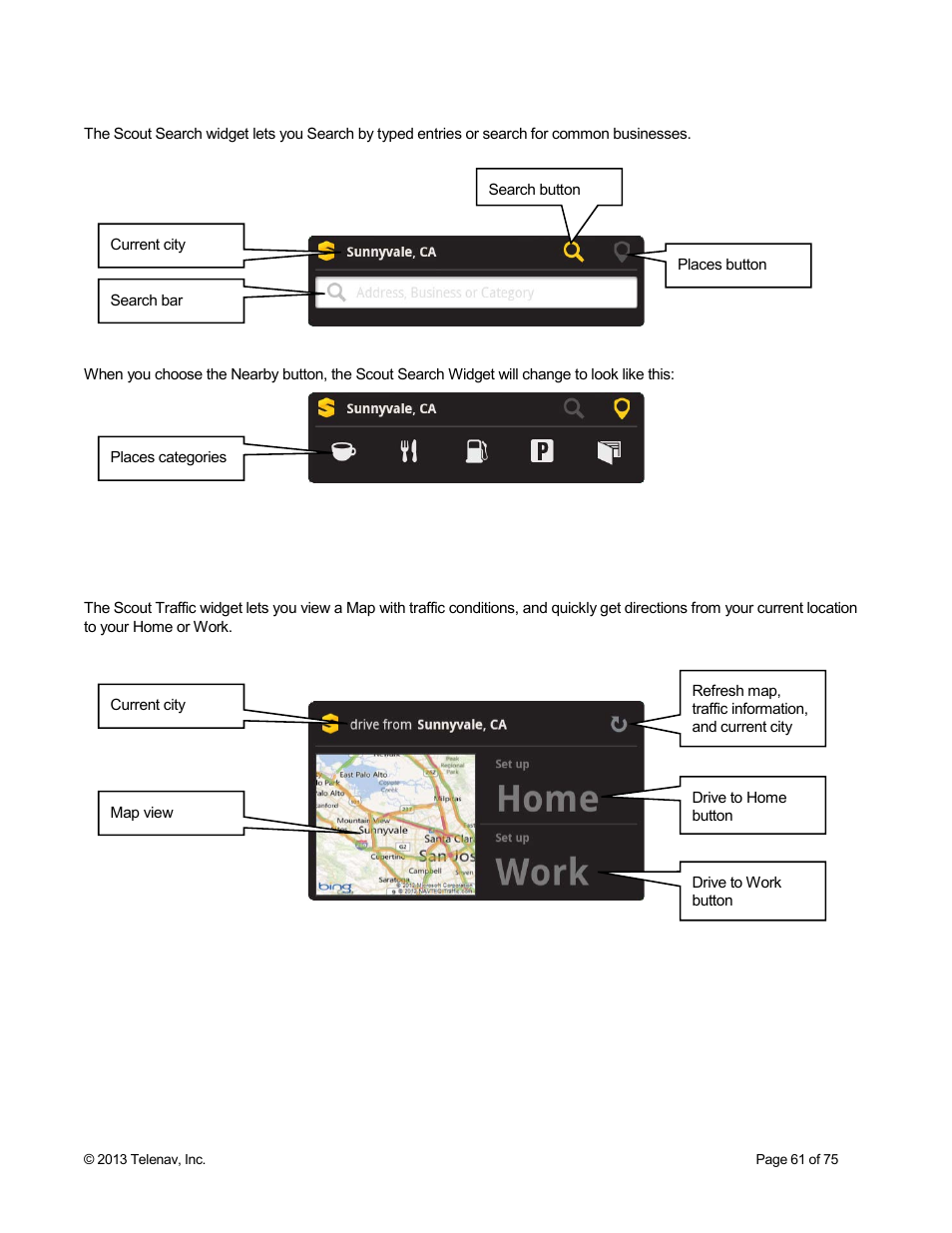 3 scout search widget, 4 scout traffic widget | Telenav Scout v1.4 for Android User Manual | Page 61 / 75