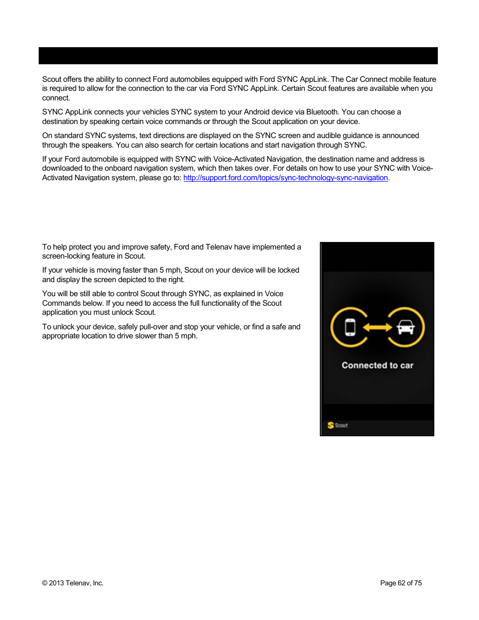 Ford sync applink, 1 safety feature | Telenav Scout v1.4 for Android User Manual | Page 62 / 75