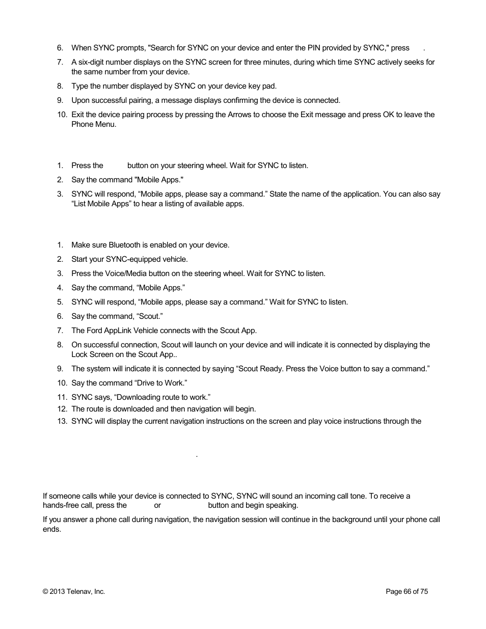 6 using scout with sync, 7 receiving hands-free calls | Telenav Scout v1.4 for Android User Manual | Page 66 / 75