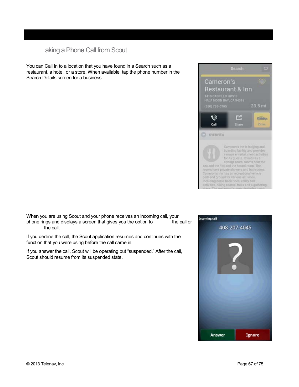 Suspending scout, 1 making a phone call from scout, 2 taking an incoming call | Telenav Scout v1.4 for Android User Manual | Page 67 / 75