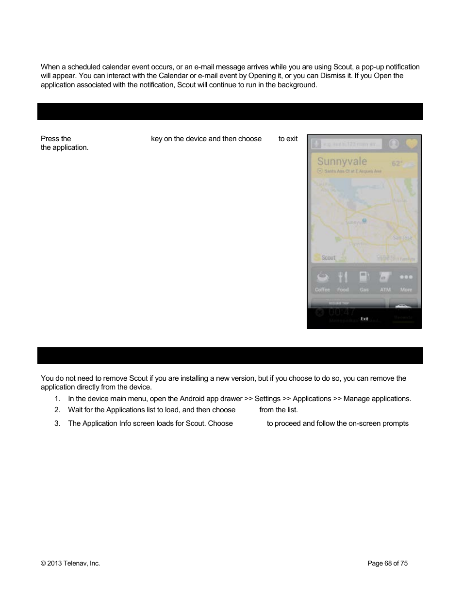 3 calendar and e-mail events, Exiting scout, Removing scout | Telenav Scout v1.4 for Android User Manual | Page 68 / 75