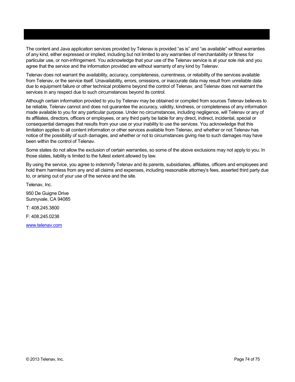 Telenav services warranty | Telenav Scout v1.4 for Android User Manual | Page 74 / 75