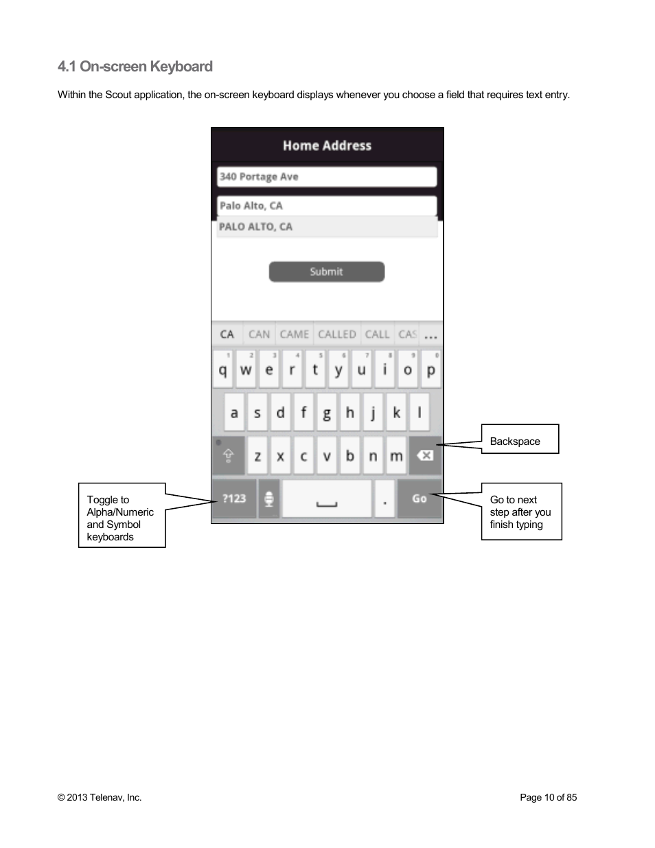 1 on-screen keyboard | Telenav Scout v1.3 for Android User Manual | Page 10 / 85