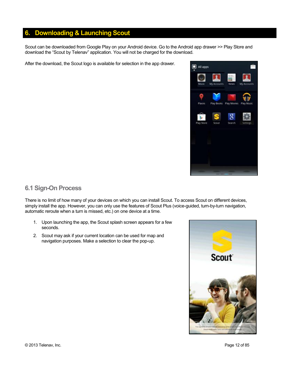 Downloading & launching scout, 1 sign-on process | Telenav Scout v1.3 for Android User Manual | Page 12 / 85