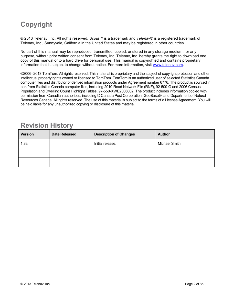 Copyright, Revision history | Telenav Scout v1.3 for Android User Manual | Page 2 / 85