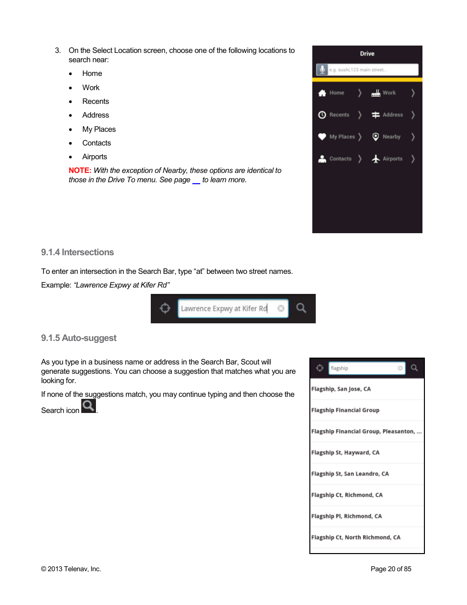 4 intersections, 5 auto-suggest | Telenav Scout v1.3 for Android User Manual | Page 20 / 85