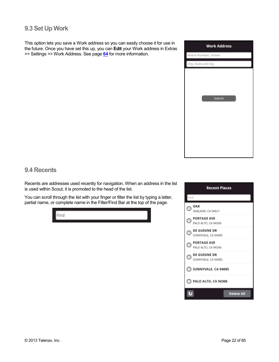3 set up work, 4 recents | Telenav Scout v1.3 for Android User Manual | Page 22 / 85