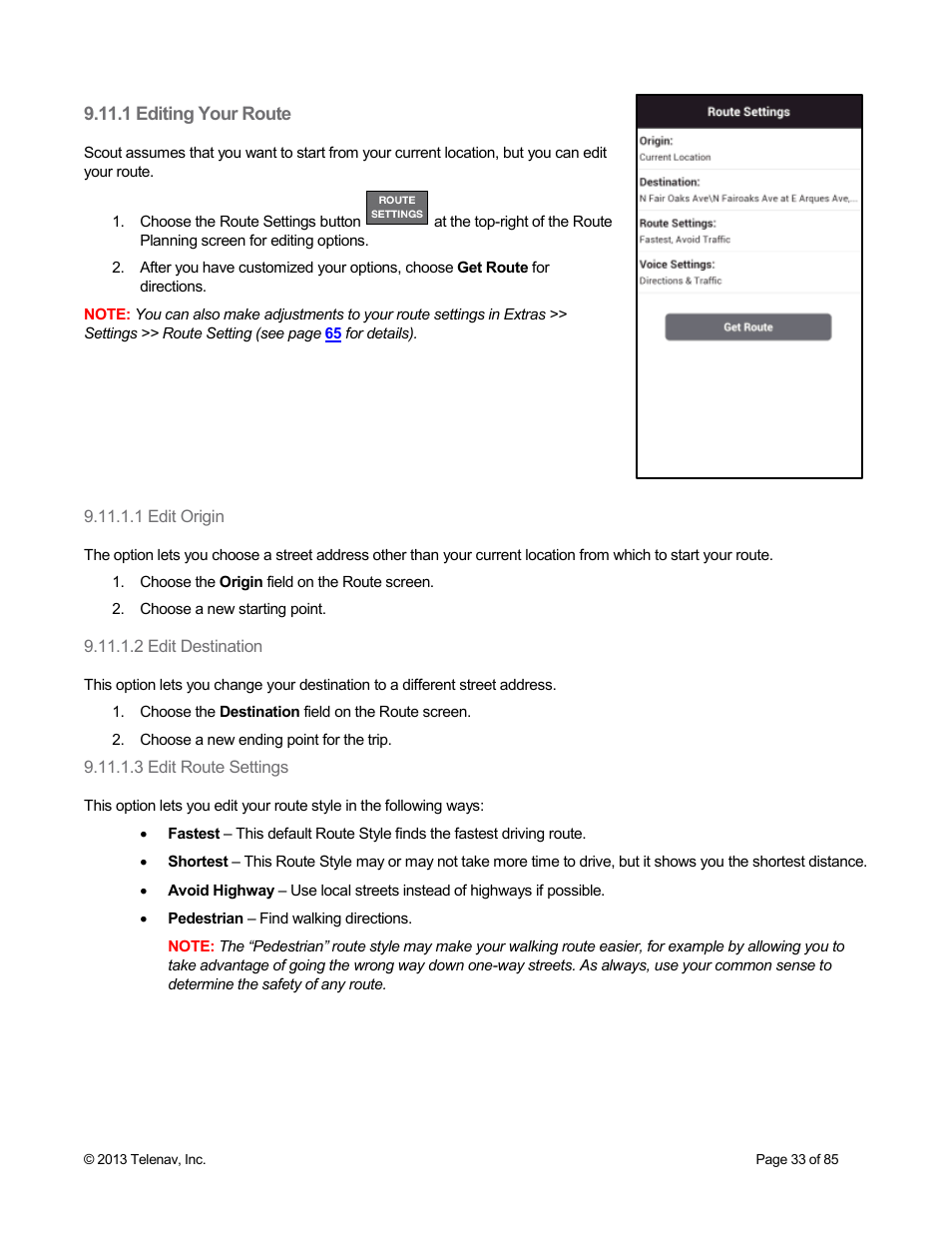 1 edit origin, 2 edit destination, 3 edit route settings | 1 editing your route | Telenav Scout v1.3 for Android User Manual | Page 33 / 85