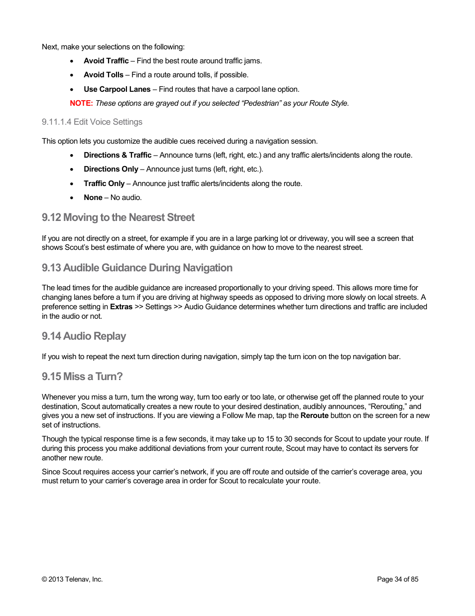 4 edit voice settings, 12 moving to the nearest street, 13 audible guidance during navigation | 14 audio replay, 15 miss a turn | Telenav Scout v1.3 for Android User Manual | Page 34 / 85