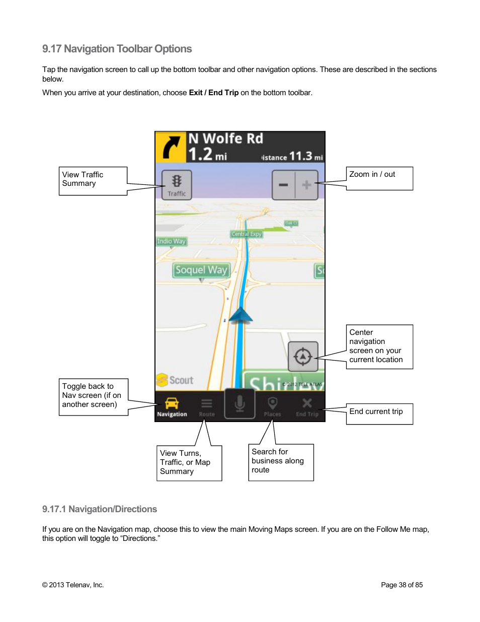 17 navigation toolbar options, 1 navigation/directions | Telenav Scout v1.3 for Android User Manual | Page 38 / 85
