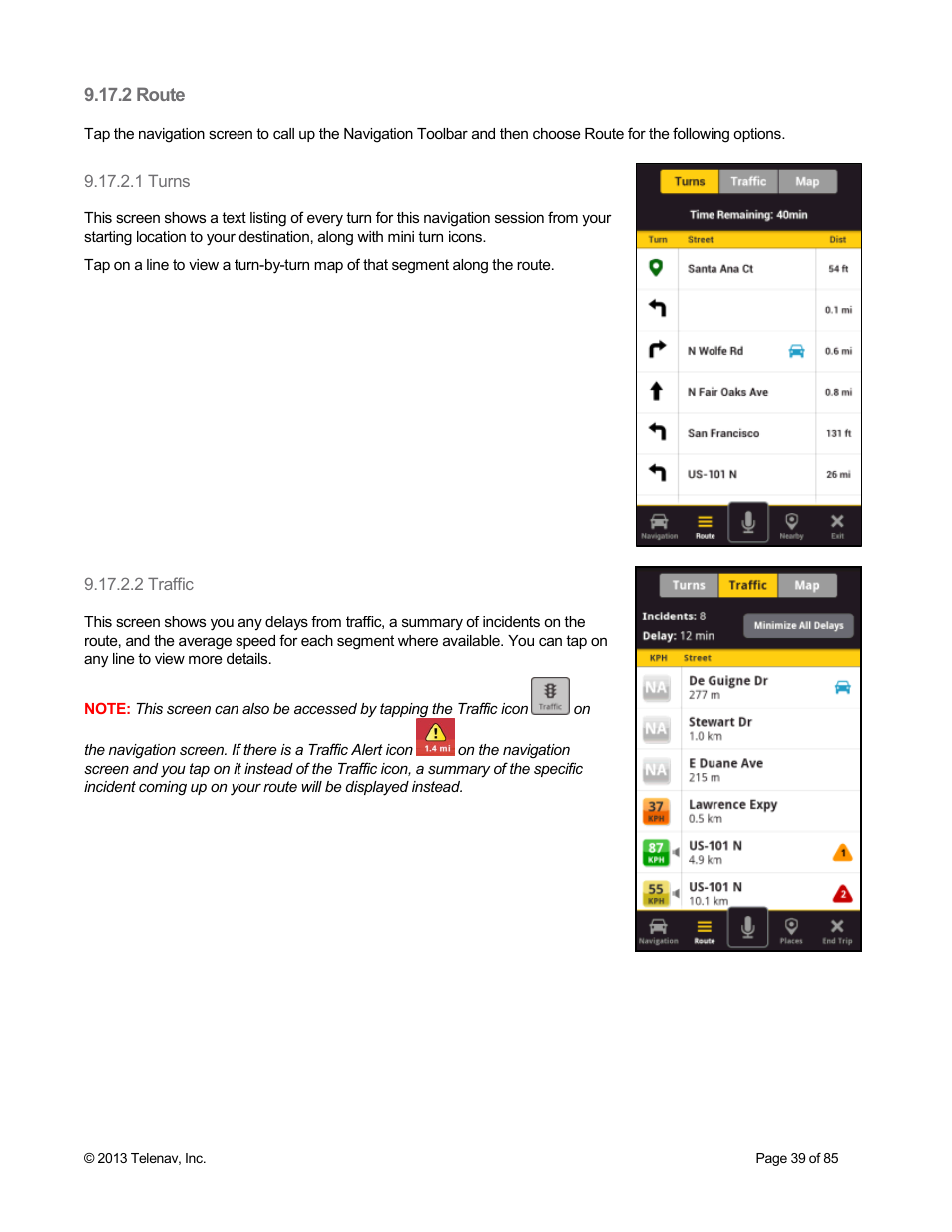 2 route, 1 turns, 2 traffic | Telenav Scout v1.3 for Android User Manual | Page 39 / 85