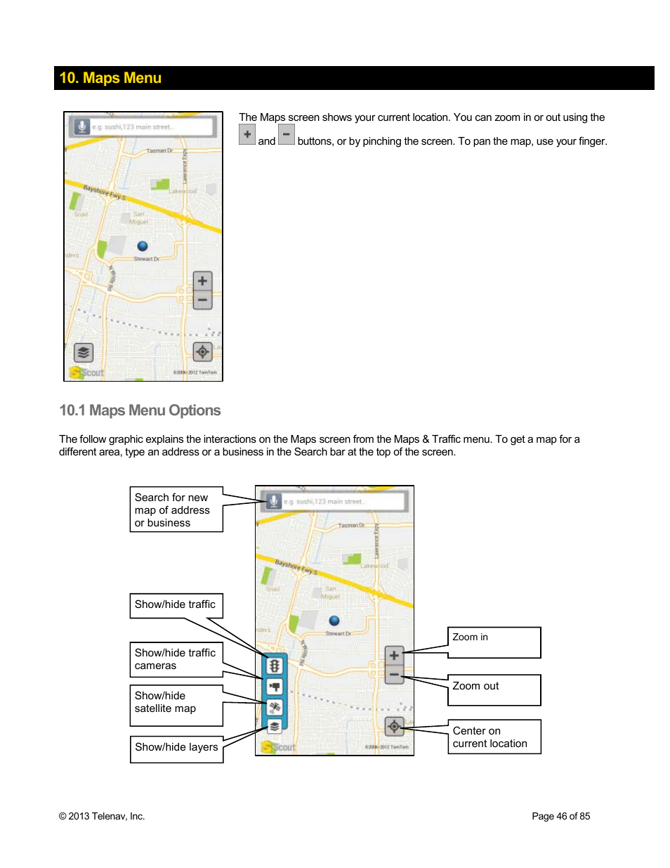 Maps menu, 1 maps menu options | Telenav Scout v1.3 for Android User Manual | Page 46 / 85