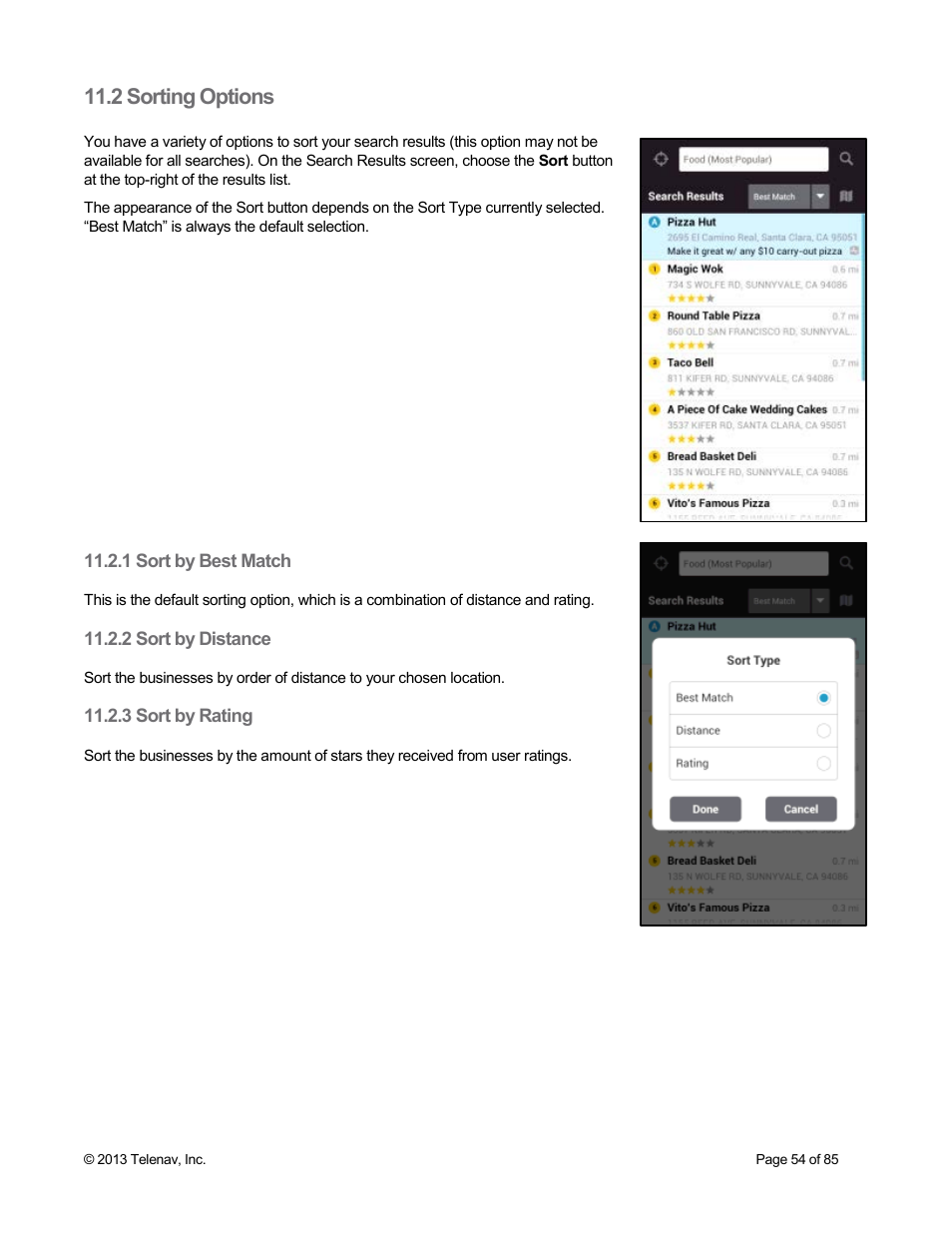 2 sorting options, 1 sort by best match, 2 sort by distance | 3 sort by rating | Telenav Scout v1.3 for Android User Manual | Page 54 / 85