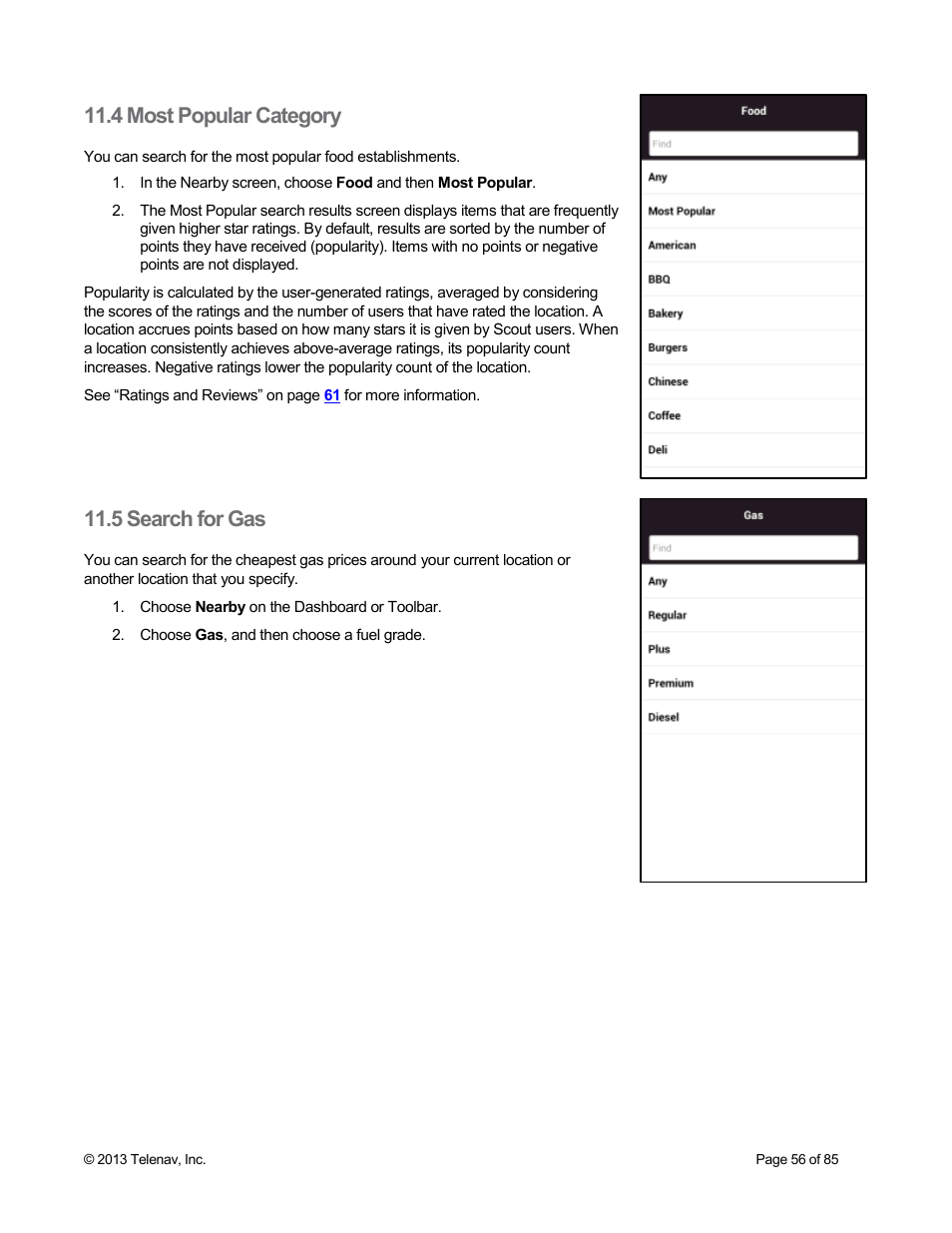 4 most popular category, 5 search for gas | Telenav Scout v1.3 for Android User Manual | Page 56 / 85