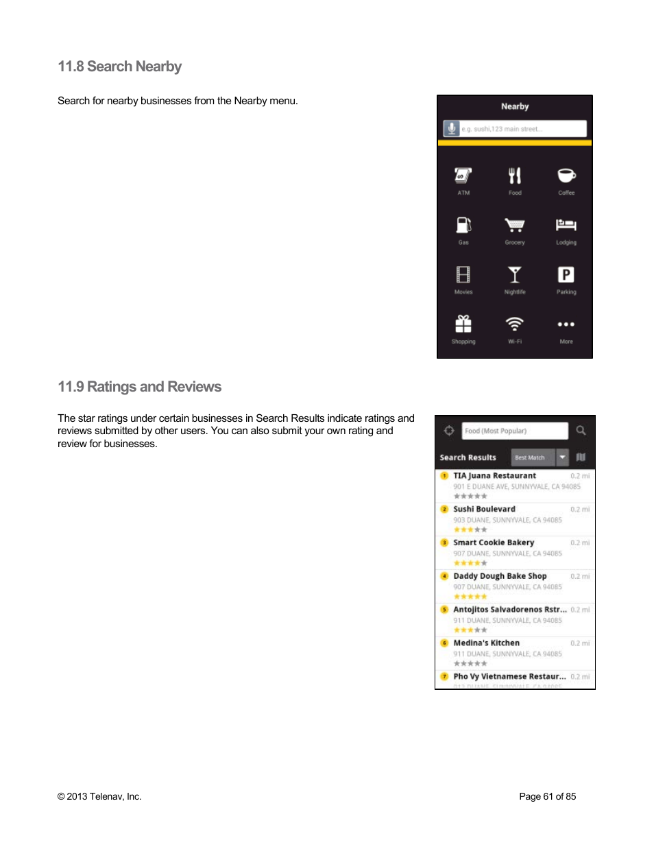 8 search nearby, 9 ratings and reviews | Telenav Scout v1.3 for Android User Manual | Page 61 / 85