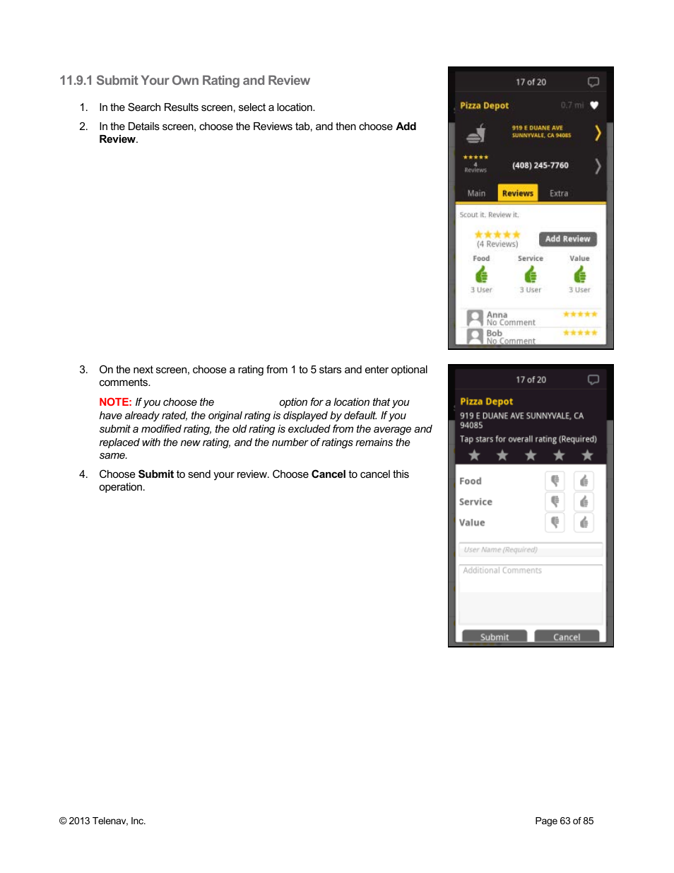 1 submit your own rating and review | Telenav Scout v1.3 for Android User Manual | Page 63 / 85