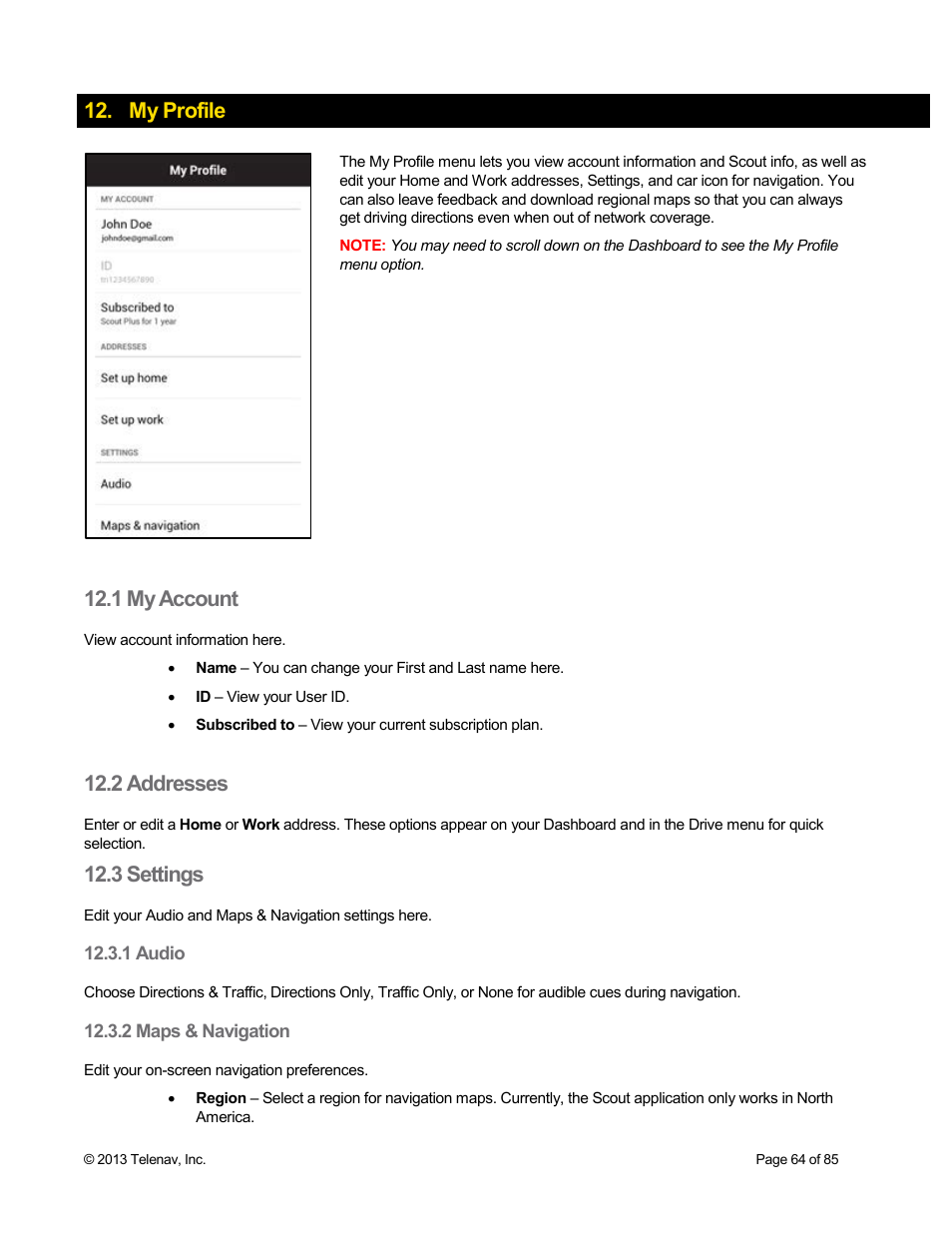 My profile, 1 my account, 2 addresses | 3 settings, 1 audio, 2 maps & navigation | Telenav Scout v1.3 for Android User Manual | Page 64 / 85