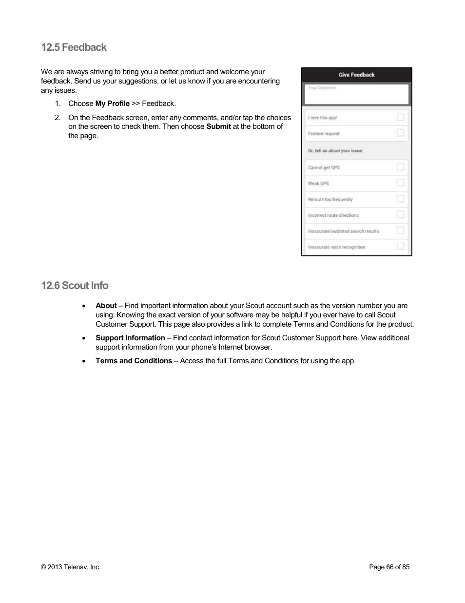 5 feedback, 6 scout info | Telenav Scout v1.3 for Android User Manual | Page 66 / 85