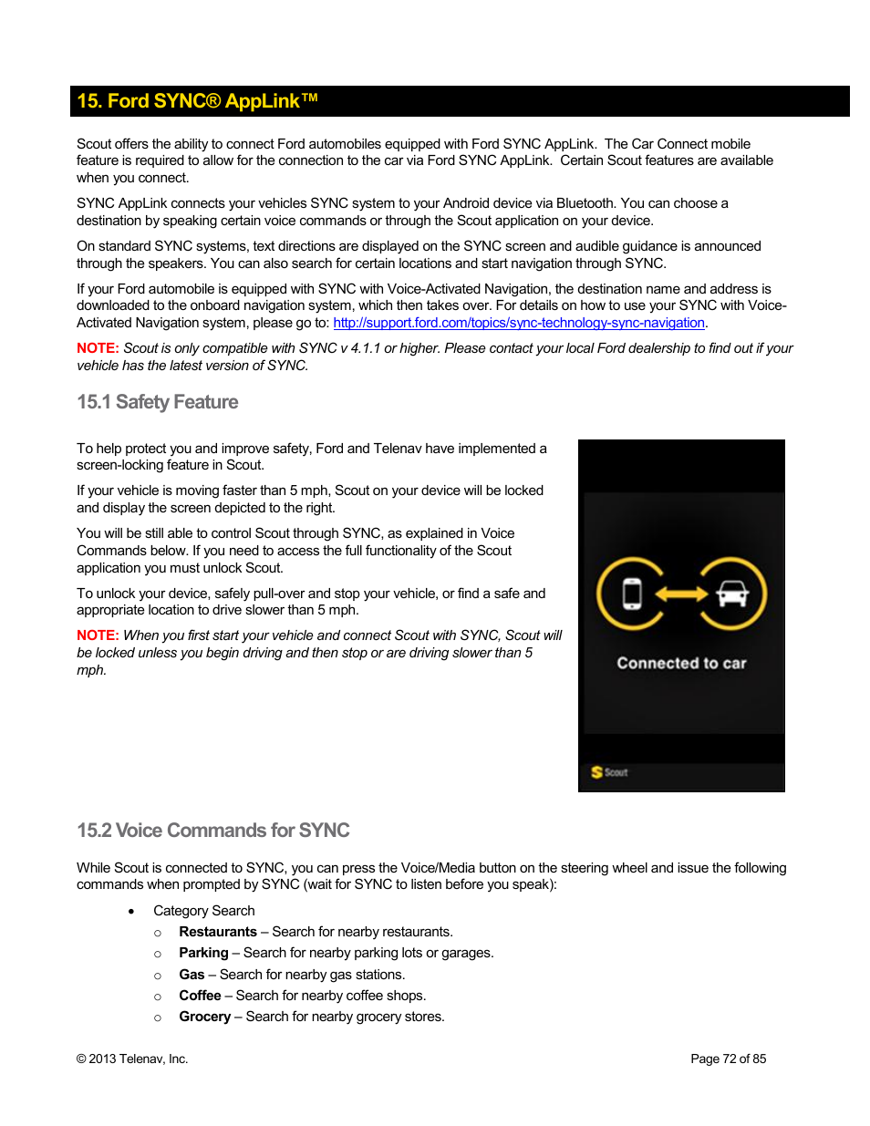 Ford sync® applink, 1 safety feature, 2 voice commands for sync | Telenav Scout v1.3 for Android User Manual | Page 72 / 85