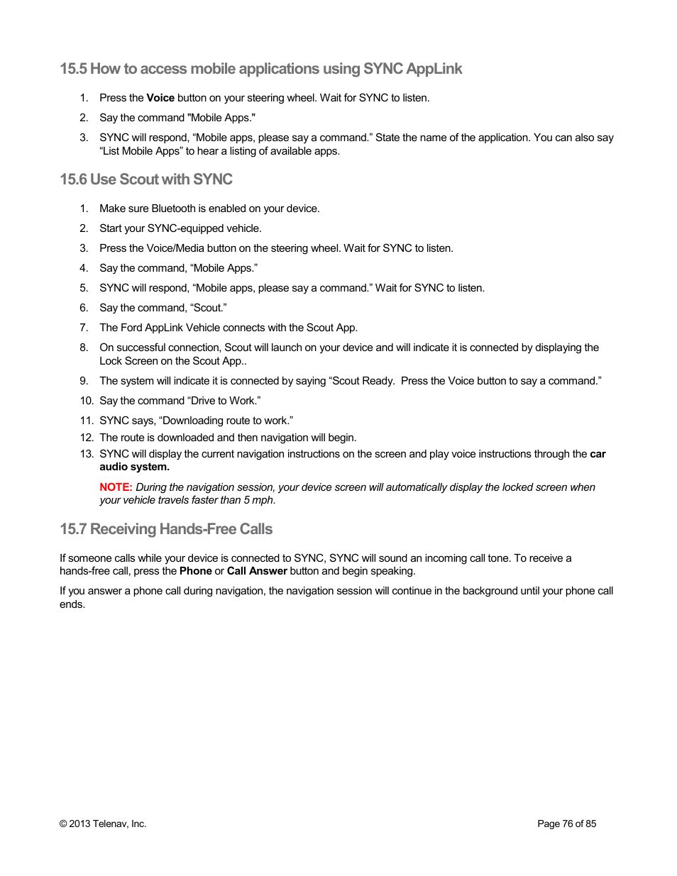 6 use scout with sync, 7 receiving hands-free calls | Telenav Scout v1.3 for Android User Manual | Page 76 / 85