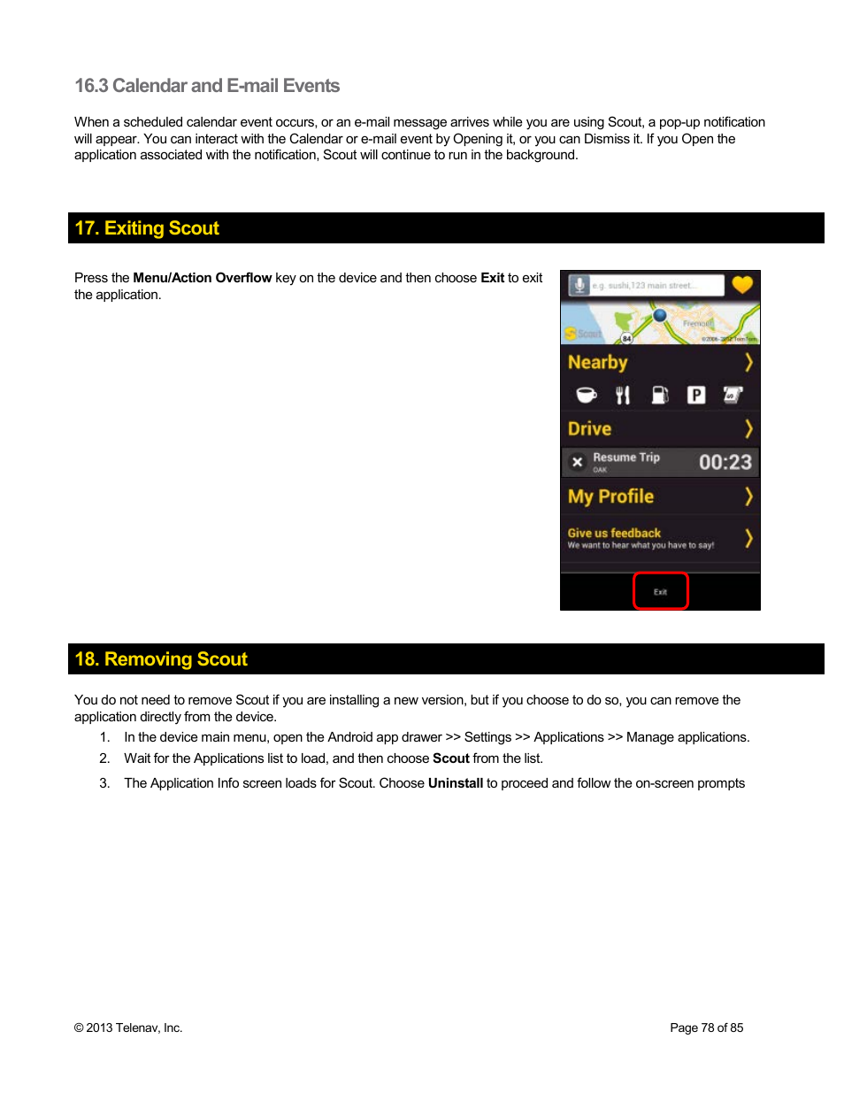 3 calendar and e-mail events, Exiting scout, Removing scout | Telenav Scout v1.3 for Android User Manual | Page 78 / 85