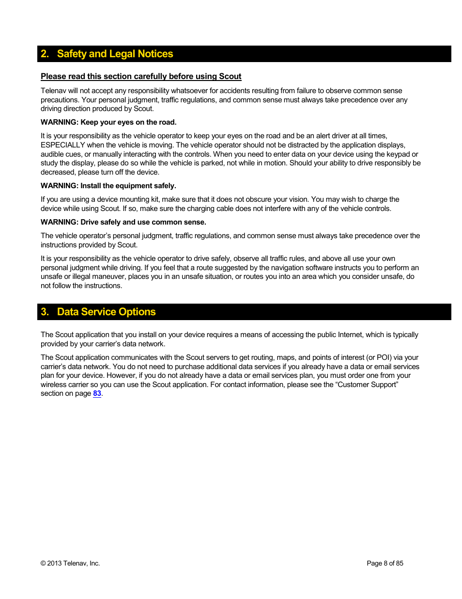 Safety and legal notices, Data service options | Telenav Scout v1.3 for Android User Manual | Page 8 / 85