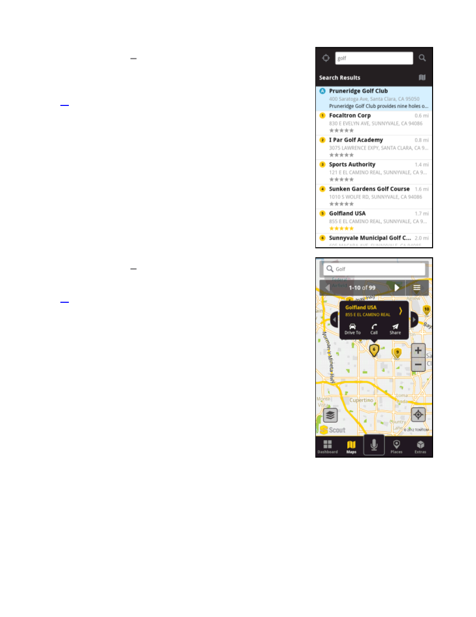 1 search results, List view, 2 search results | Map view, 1 search results – list view, 2 search results – map view | Telenav Scout v1.2 for Android User Manual | Page 15 / 87