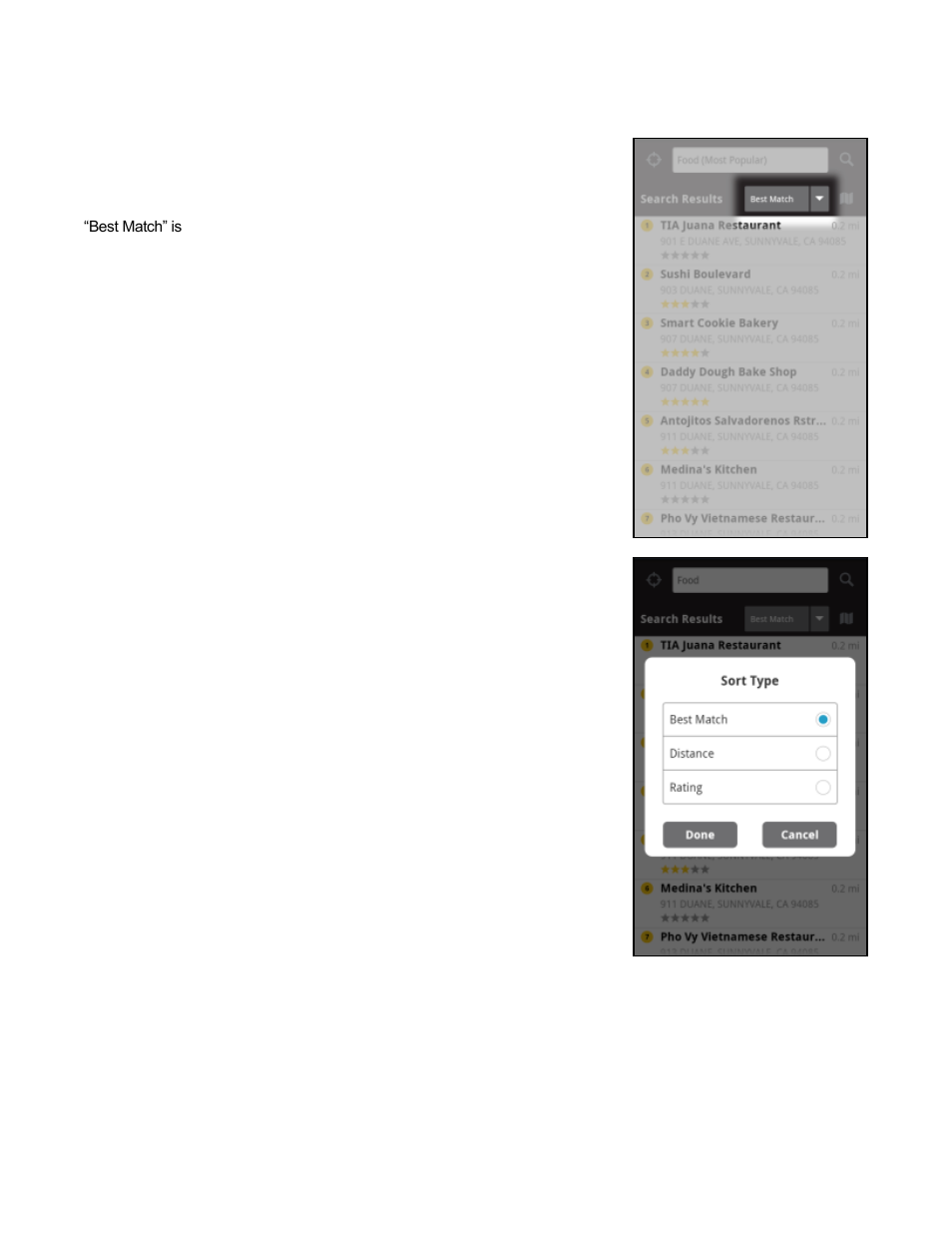 2 sorting options, 1 sort by best match, 2 sort by distance | 3 sort by rating | Telenav Scout v1.2 for Android User Manual | Page 55 / 87