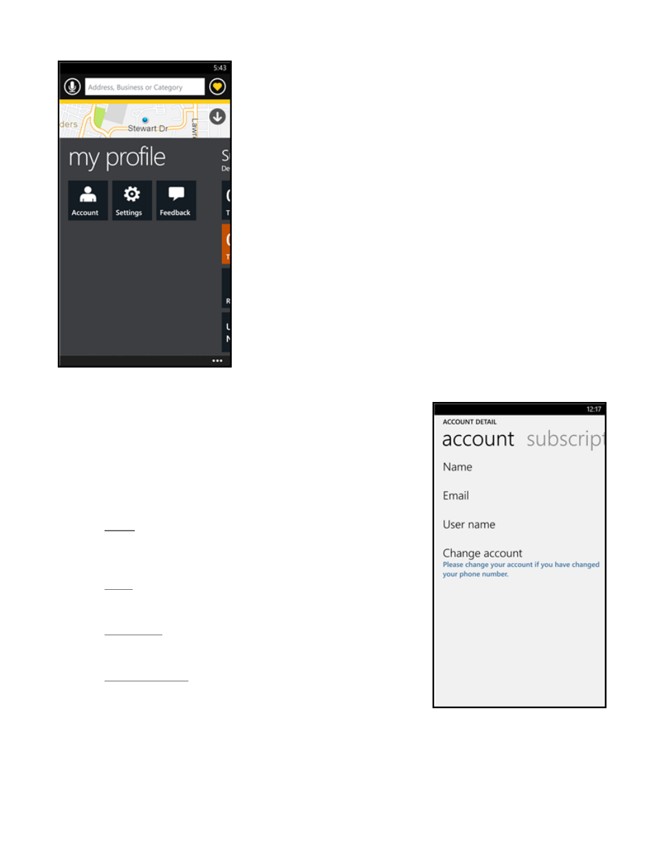 1 account, Name, Email | User name, Change account | Telenav Scout v1.2 for Windows for T-Mobile User Manual | Page 54 / 70