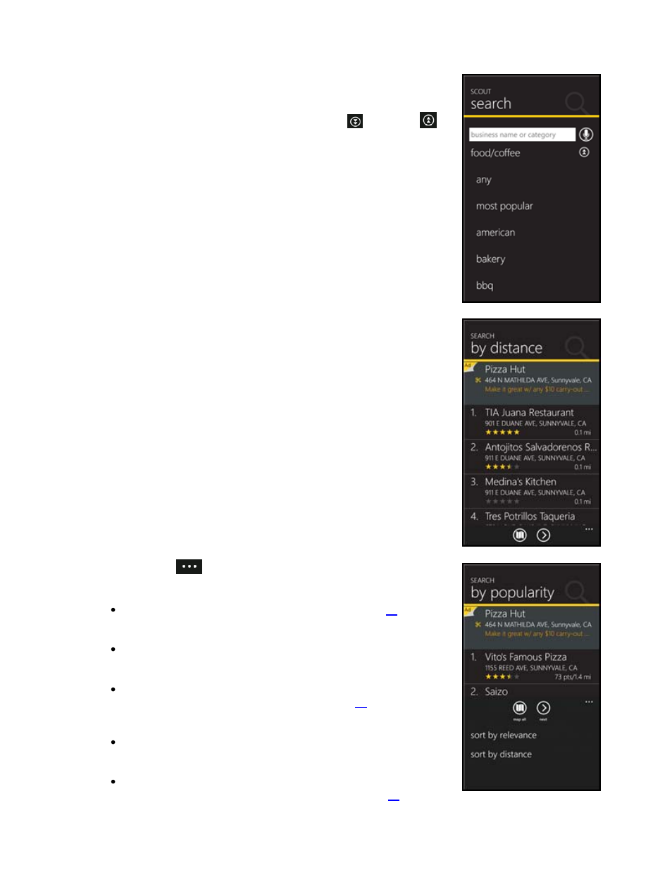 1 search by category, 2 sorting options, Search by category | Sorting options | Telenav Scout v1.0 for Windows for T-Mobile User Manual | Page 34 / 74