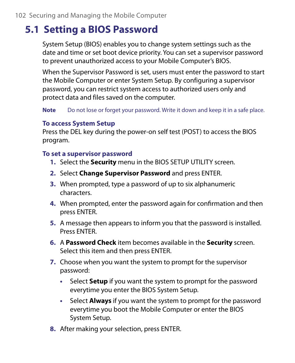 1 setting a bios password | Telenav for Unlocked Supported Devices: Mobile Office - HTC Shift User Manual | Page 102 / 136