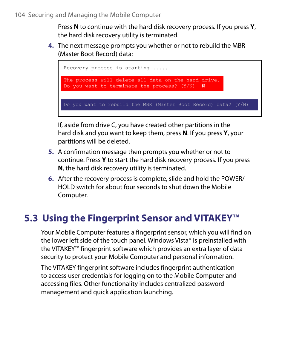 3 using the fingerprint sensor and vitakey | Telenav for Unlocked Supported Devices: Mobile Office - HTC Shift User Manual | Page 104 / 136