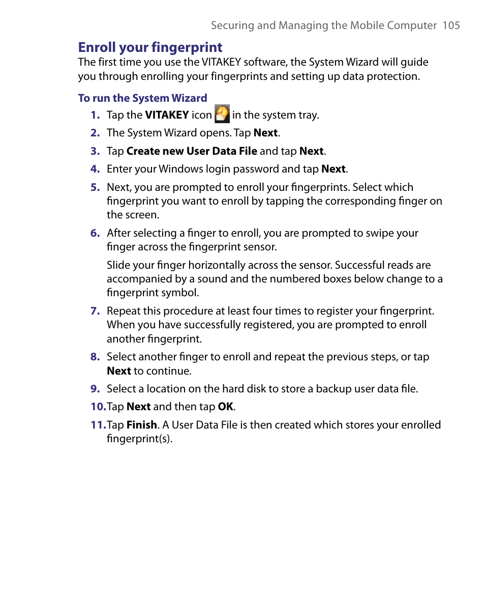 Enroll your fingerprint | Telenav for Unlocked Supported Devices: Mobile Office - HTC Shift User Manual | Page 105 / 136