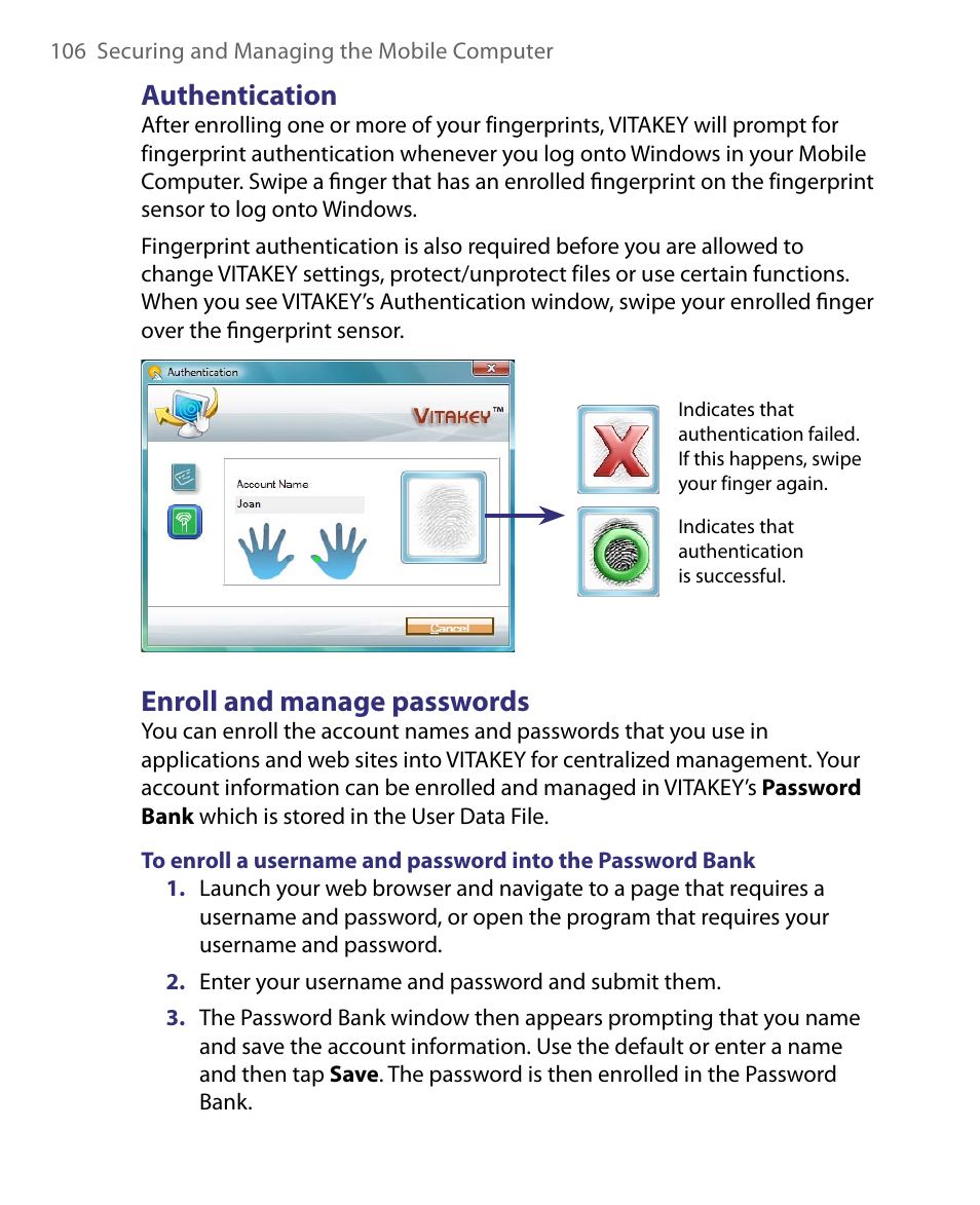 Authentication, Enroll and manage passwords, Authentication enroll and manage passwords | Telenav for Unlocked Supported Devices: Mobile Office - HTC Shift User Manual | Page 106 / 136