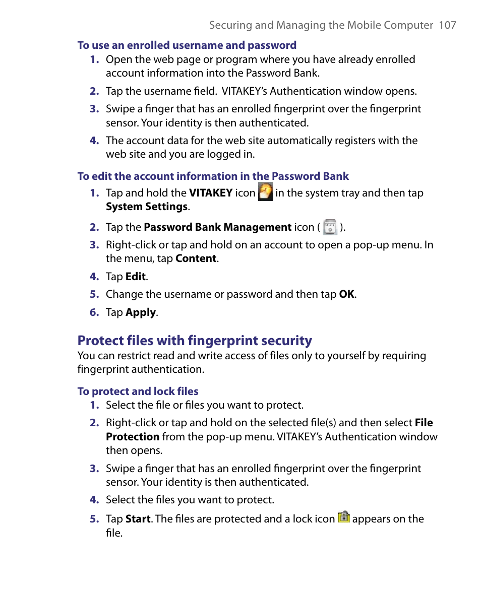 Protect files with fingerprint security | Telenav for Unlocked Supported Devices: Mobile Office - HTC Shift User Manual | Page 107 / 136