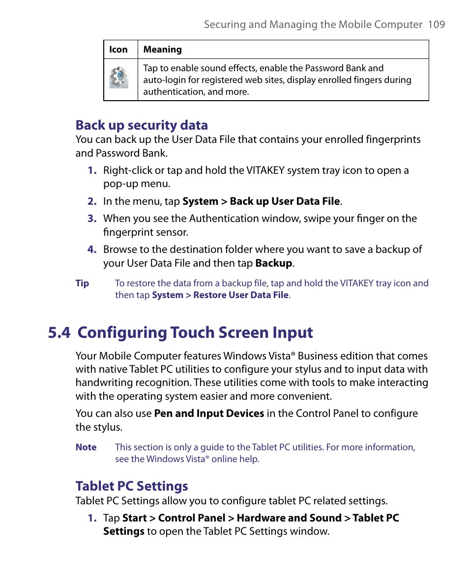 Back up security data, 4 configuring touch screen input, Tablet pc settings | Telenav for Unlocked Supported Devices: Mobile Office - HTC Shift User Manual | Page 109 / 136