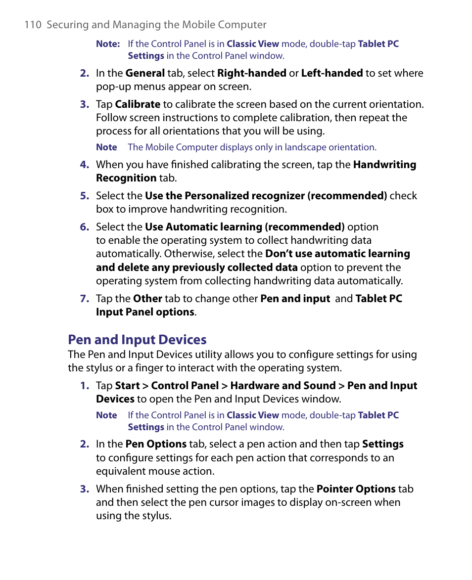 Pen and input devices | Telenav for Unlocked Supported Devices: Mobile Office - HTC Shift User Manual | Page 110 / 136