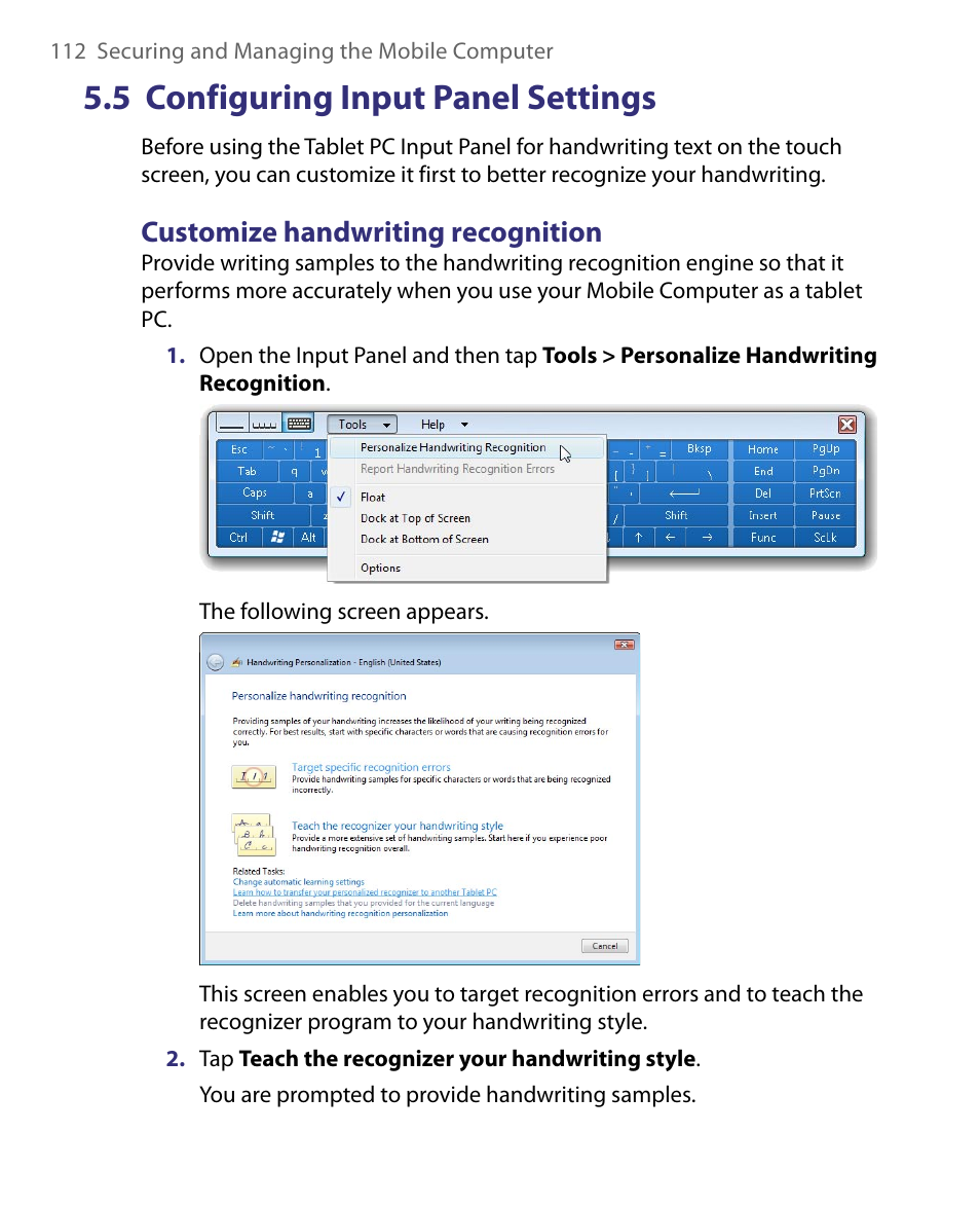 5 configuring input panel settings, Customize handwriting recognition | Telenav for Unlocked Supported Devices: Mobile Office - HTC Shift User Manual | Page 112 / 136