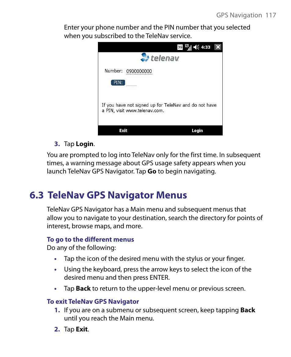 3 telenav gps navigator menus | Telenav for Unlocked Supported Devices: Mobile Office - HTC Shift User Manual | Page 117 / 136