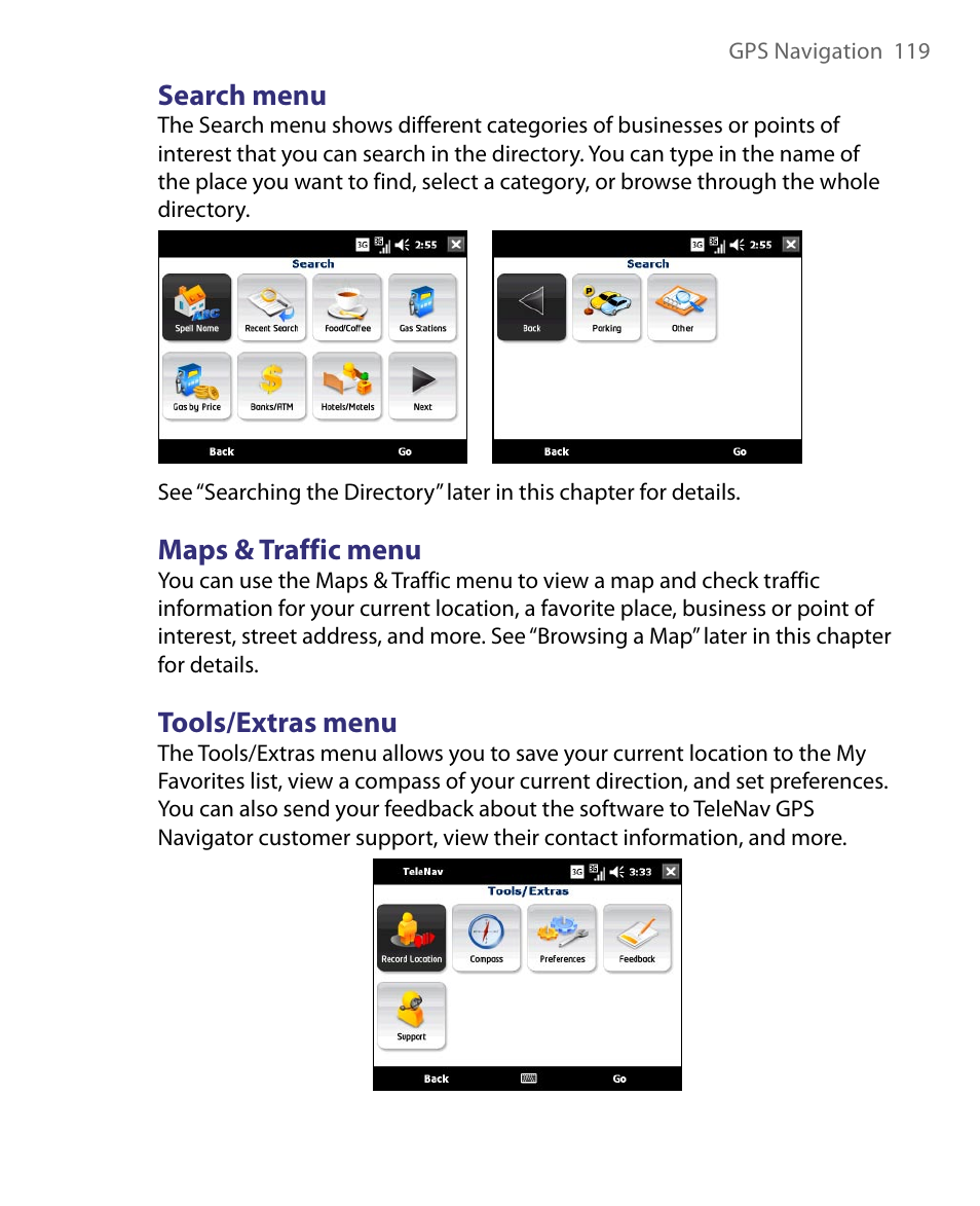 Search menu, Maps & traffic menu, Tools/extras menu | Search menu maps & traffic menu tools/extras menu | Telenav for Unlocked Supported Devices: Mobile Office - HTC Shift User Manual | Page 119 / 136