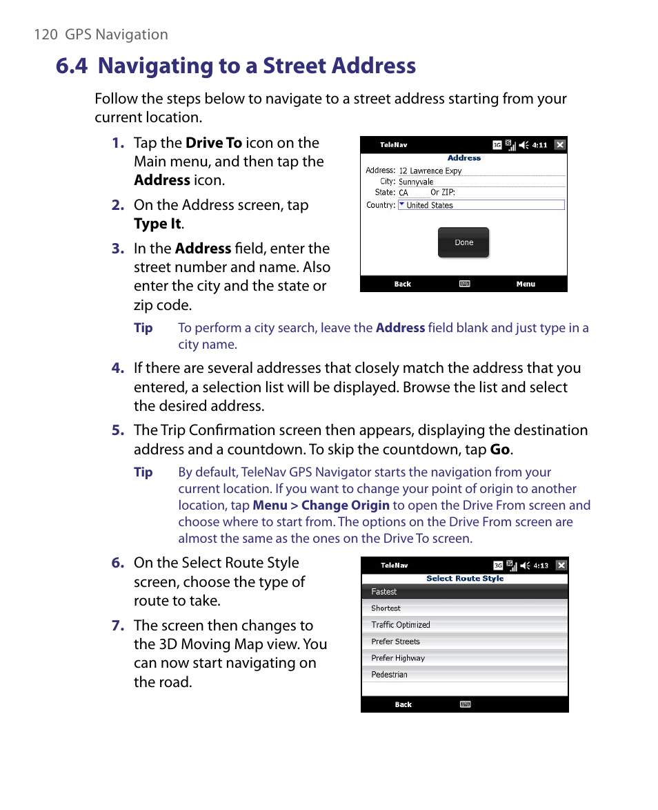 4 navigating to a street address | Telenav for Unlocked Supported Devices: Mobile Office - HTC Shift User Manual | Page 120 / 136