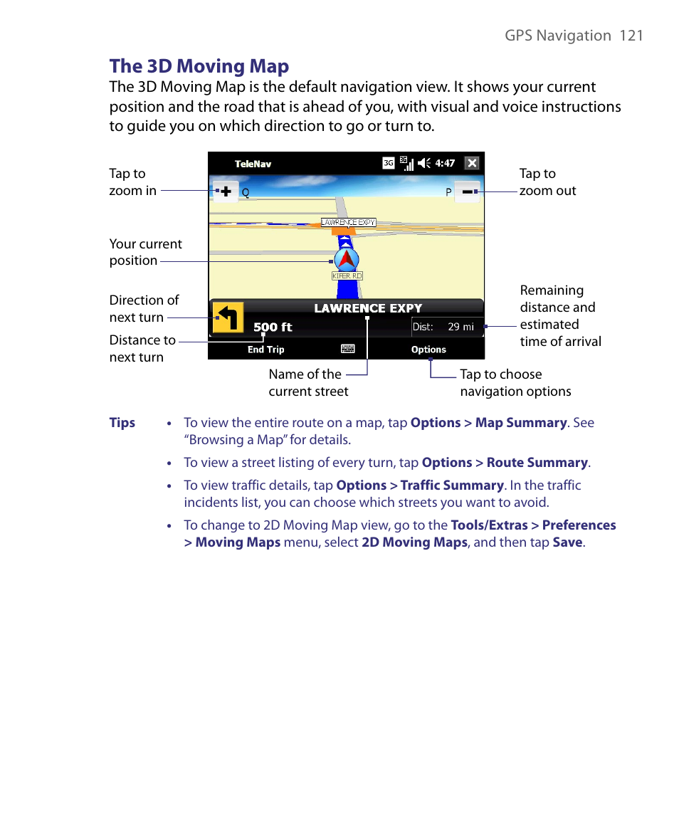 The 3d moving map | Telenav for Unlocked Supported Devices: Mobile Office - HTC Shift User Manual | Page 121 / 136