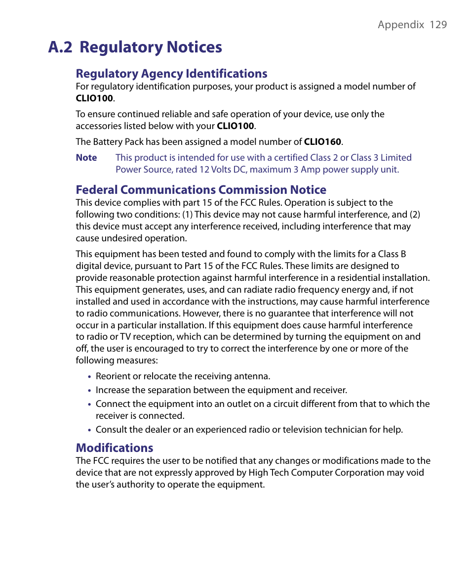 A.2 regulatory notices, Regulatory agency identifications, Federal communications commission notice | Modifications | Telenav for Unlocked Supported Devices: Mobile Office - HTC Shift User Manual | Page 129 / 136