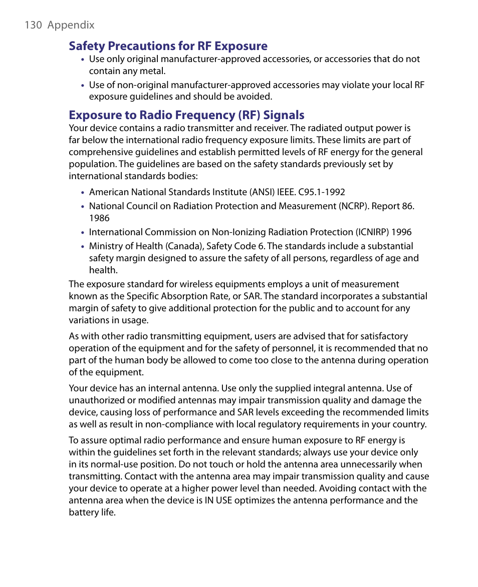 Safety precautions for rf exposure, Exposure to radio frequency (rf) signals | Telenav for Unlocked Supported Devices: Mobile Office - HTC Shift User Manual | Page 130 / 136