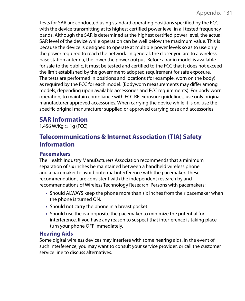 Sar information | Telenav for Unlocked Supported Devices: Mobile Office - HTC Shift User Manual | Page 131 / 136