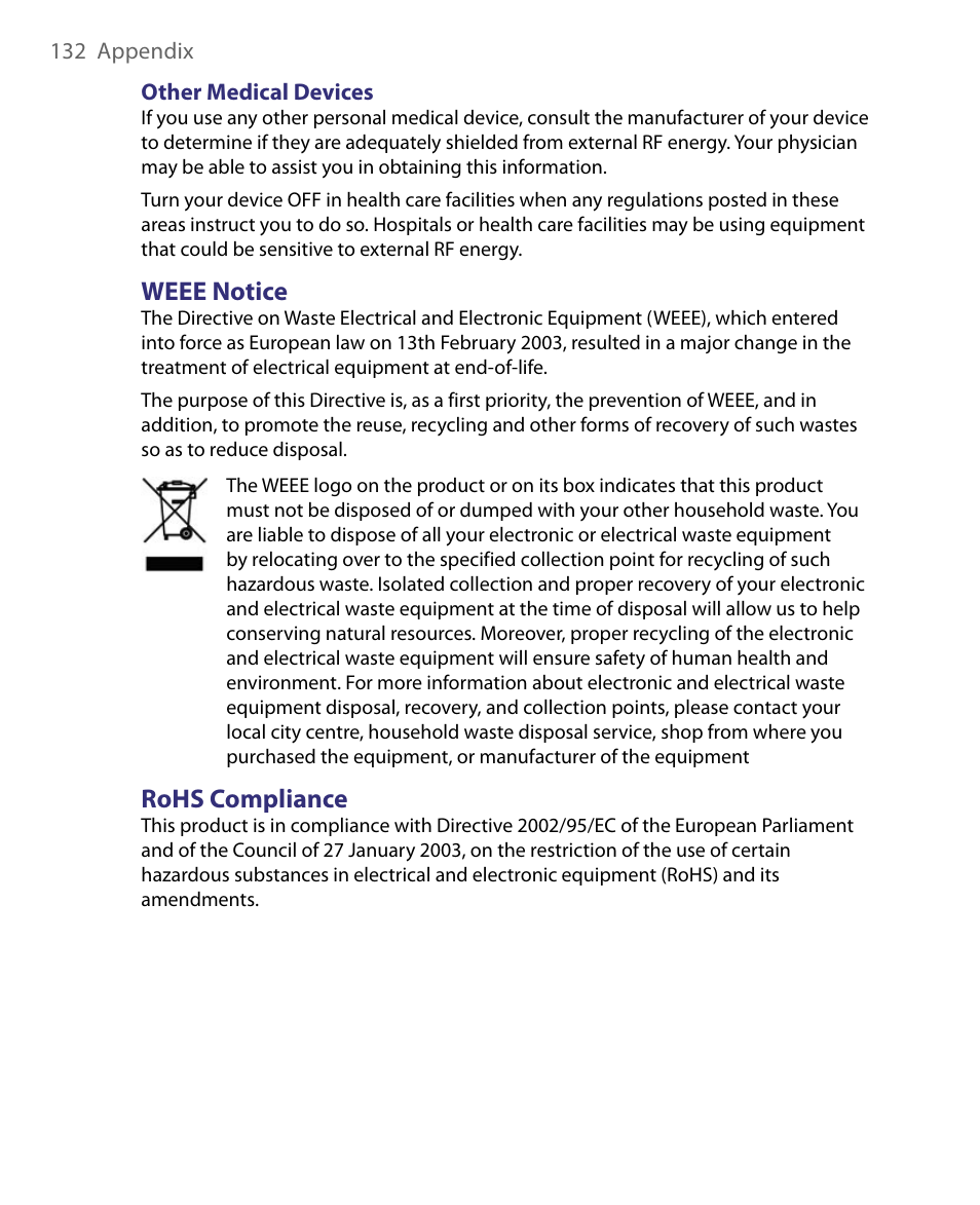 Weee notice, Rohs compliance | Telenav for Unlocked Supported Devices: Mobile Office - HTC Shift User Manual | Page 132 / 136