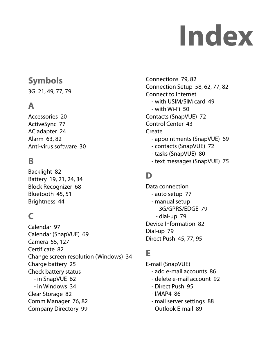 Index, Symbols | Telenav for Unlocked Supported Devices: Mobile Office - HTC Shift User Manual | Page 133 / 136