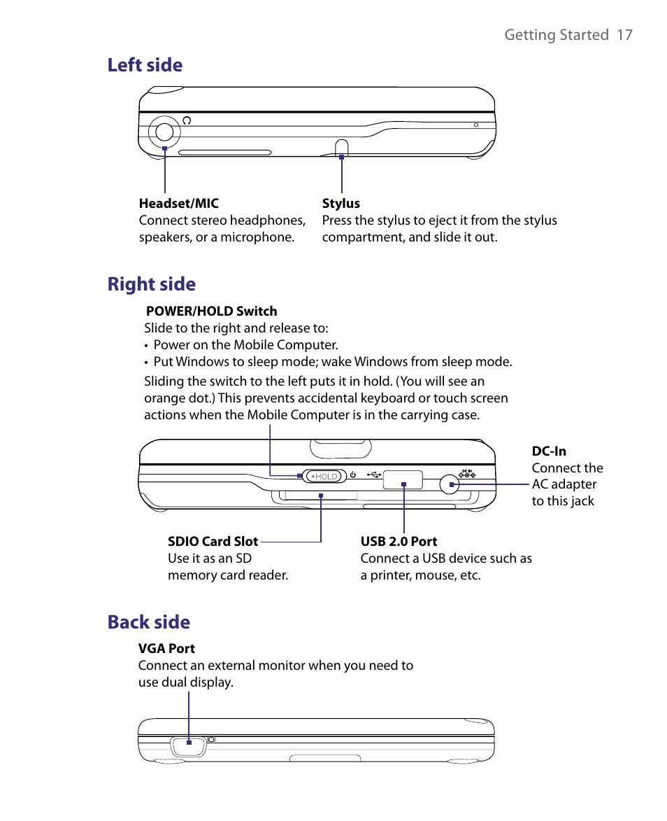 Left side, Right side, Back side | Left side right side back side | Telenav for Unlocked Supported Devices: Mobile Office - HTC Shift User Manual | Page 17 / 136