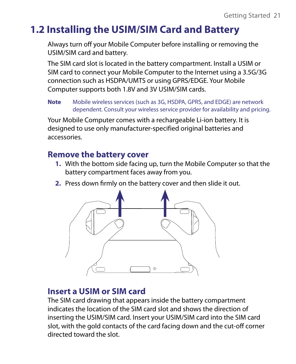 2 installing the usim/sim card and battery, Remove the battery cover, Insert a usim or sim card | Remove the battery cover insert a usim or sim card | Telenav for Unlocked Supported Devices: Mobile Office - HTC Shift User Manual | Page 21 / 136